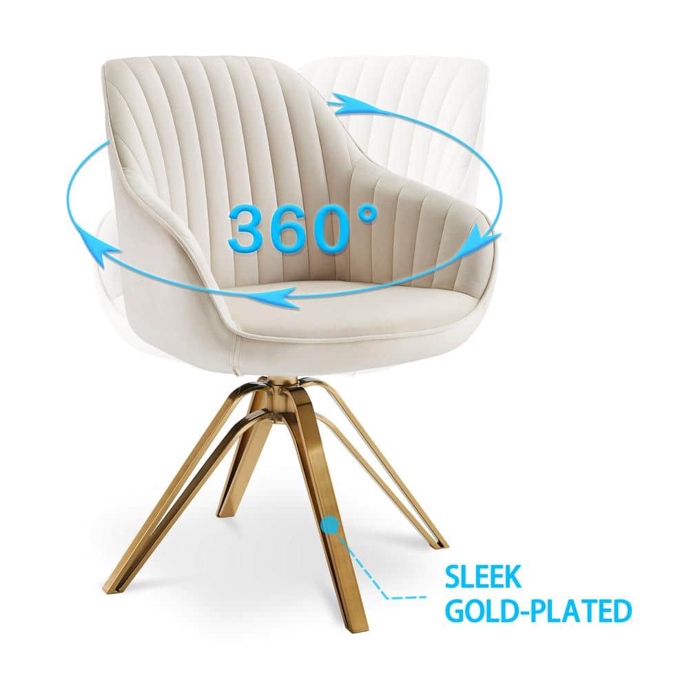 Off-White Contemporary Swivel Accent Chair with Gold Metal Legs