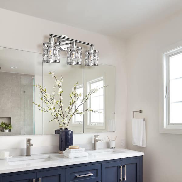 19 in. 3-Light Brushed Nickel Modern Bathroom Vanity Light Over Mirror with Crystal Shade for Bathroom
