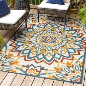 Flora Abstract Bold Mandala High-Low Red/Blue/Yellow 3 ft. x 5 ft. Indoor/Outdoor Area Rug