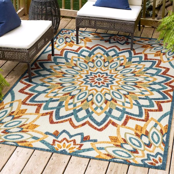 Flora Abstract Bold Mandala High-Low Red/Blue/Yellow 4 ft. x 6 ft. Indoor/Outdoor Area Rug