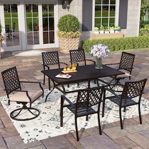Black 7-Piece Metal Patio Outdoor Dining Set with Slat Rectangle Table and Elegant Chairs with Beige Cushion