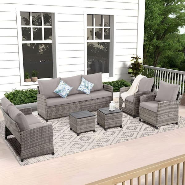 MIRAFIT 6-Piece Outdoor Rattan Sectional Sofa Wicker Patio Conversation Furniture Sets with Cushionguard Gray Cushion