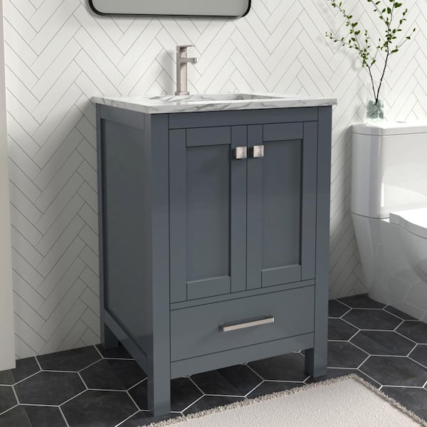 Anneliese 24 in. W x 21 in. D x 35 in. H Single Sink Freestanding Bath Vanity in Charcoal Gray with Carrara Marble Top