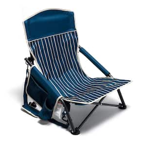 Navy Blue Metal Patio Folding Beach Chair Lawn Chair Camping Chair with 2-Side Pockets and Built-in Shoulder Strap