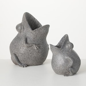 13.25" and 9.25" Gray Resin Tongue-In-Cheek Frog Planters (Set of 2)