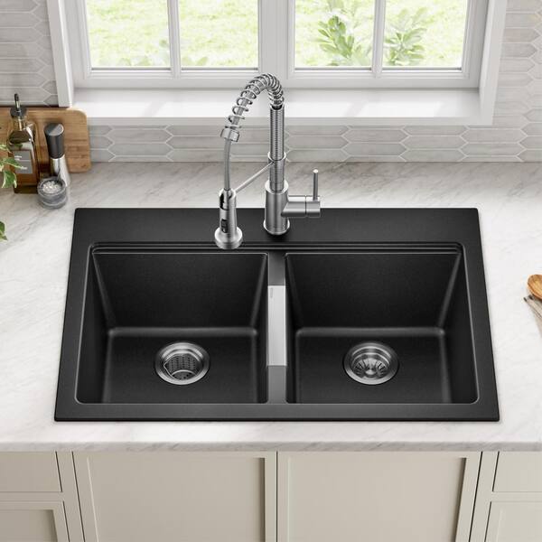 Undermount 33” Black Onyx Double Bowl Granite Kitchen Sink