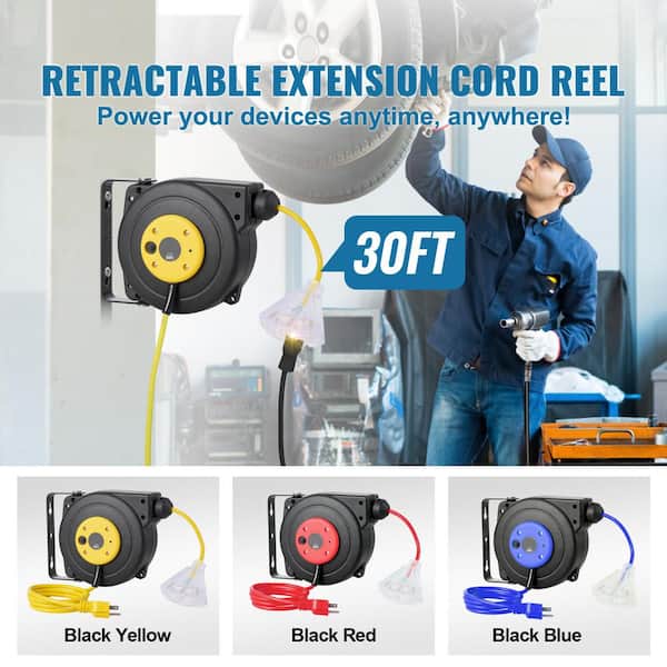 Retractable Extension Reel, 30 ft. 16 / 3,10 Amp Retractable Extension Cord Reel with 1 Grounded Outlets and Tri-Tap end