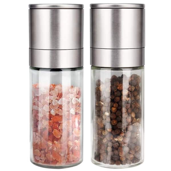 Stainless Steel Salt and Pepper Grinder Set with Adjustable Ceramic Rotor, Glass Body, Refillable, 1 Set