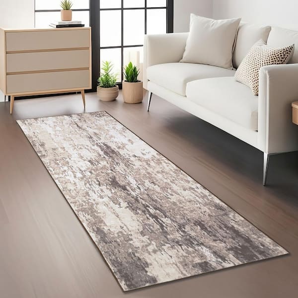 Brown 2 ft. x 6 ft. Modern Abstract Decorative Area Rug Polyester