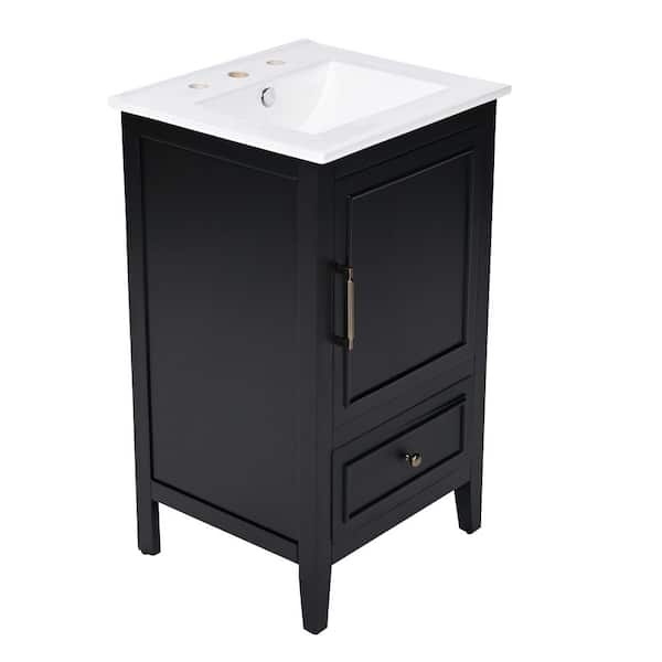 20 in. Single Sink Freestanding Black Bath Vanity with White Ceramic Top Unassembled with A Door, Door Shelf Storage