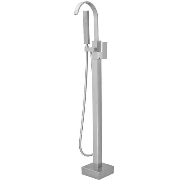 Waterfall Single Handle Floor Mount Freestanding Tub Faucet Bathtub Filler with Hand Shower in Brushed Nickel