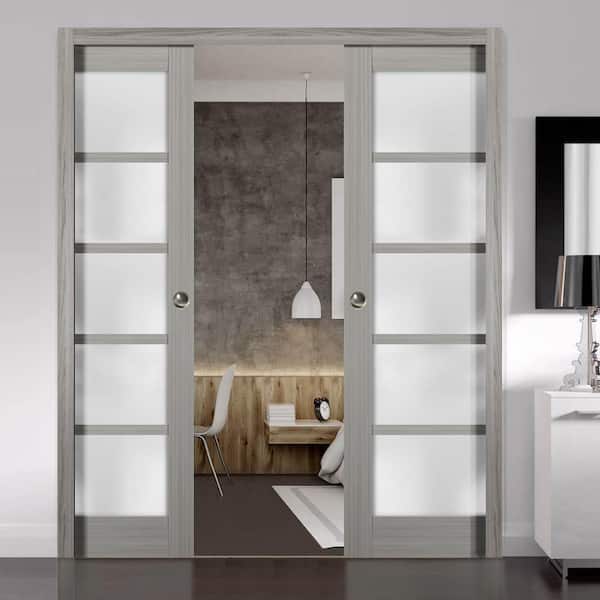 36 in. x 96 in. Single Panel Gray Solid MDF Sliding Door with Double Pocket Hardware