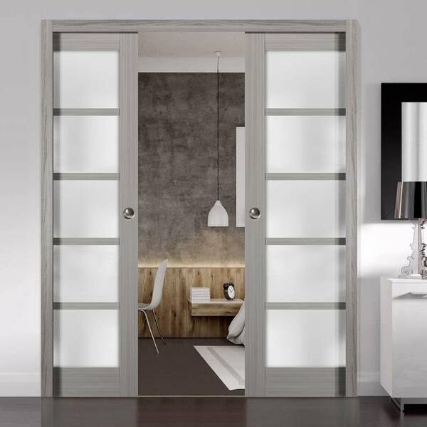 64 in. x 84 in. Single Panel Gray Solid MDF Sliding Door with Double Pocket Hardware