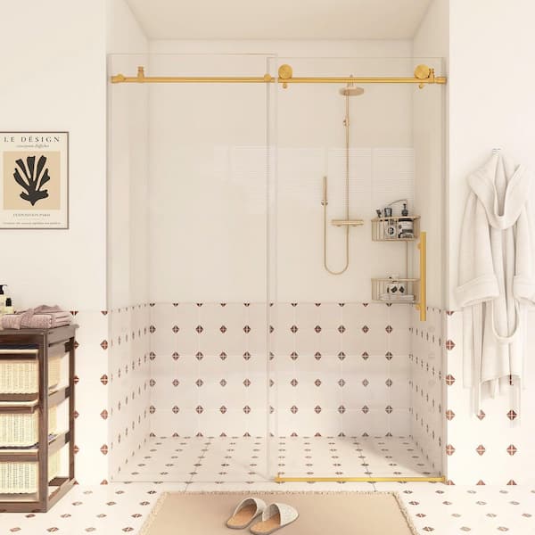 56-60 in. W x 76 in. H Single Sliding Frameless Shower Door in Brushed Gold with Clear Tempered Glass