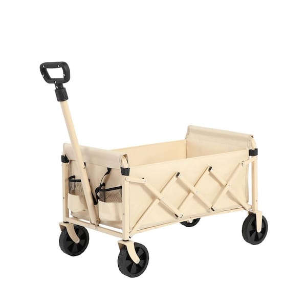 4.25 cu. ft. Beige Fabric Folding Wagon Cart, Heavy Duty Garden Cart with All-Terrain Wheels and Adjustable Handle