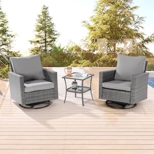 3-Piece Gray Wicker Outdoor Swivel Rocking Chairs Patio Bistro Set with Side Table Gray Cushion