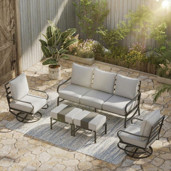 Black 5-Piece Metal Outdoor Patio Conversation Set 7-Seat Seating Set with Gray Cushions, 2 Swivel Chairs, 2 Ottomans