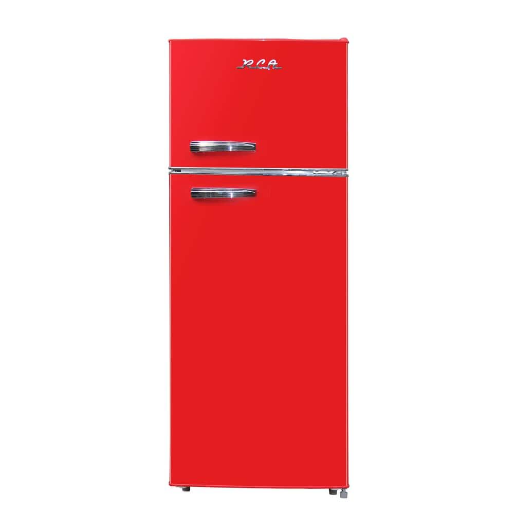RCA 21.5 in. 7.5 cu.ft. Retro Mini Refrigerator in Cherry Red with Top Freezer and Chrome Handles