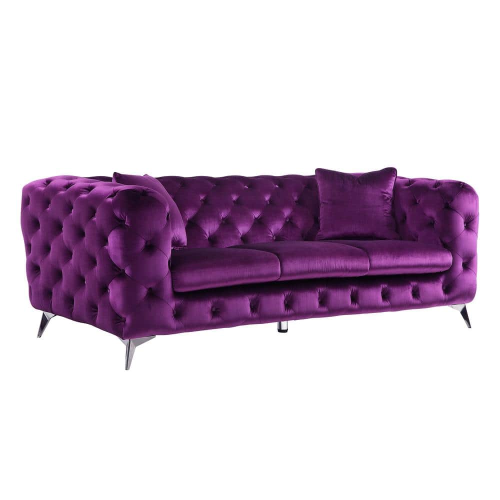 Elegant Chic Purple Velvet Tufted Sofa with Round Arms and Chrome Legs