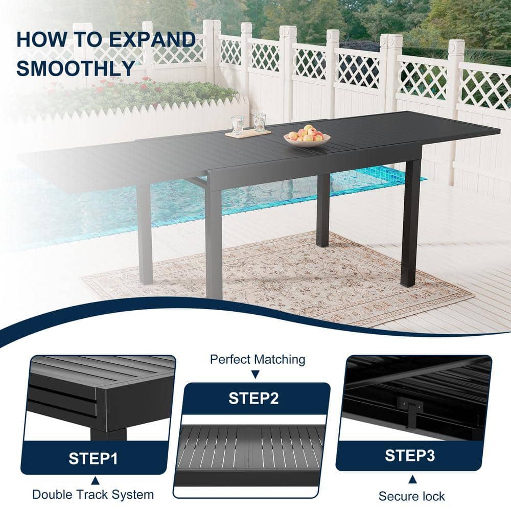 Black Aluminum Extendable Patio Dining Table for 6-8 People