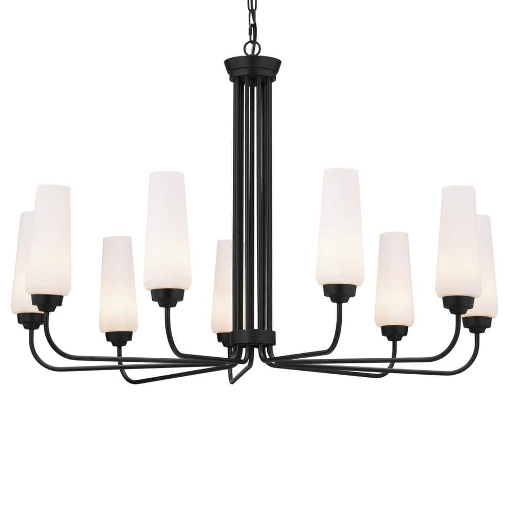 Truby Art Deco Black Opal Glass 9-Light Large Chandelier