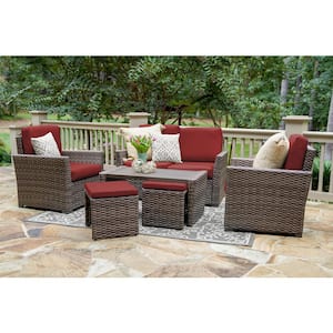 Newton 6-Piece Wicker Patio Conversation Set with Red Polyester Cushions
