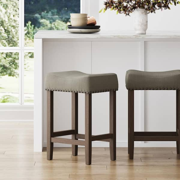 Nathan James Hylie 24 in. Dark Brown Finish Nailhead Wood Counter Height Bar Stool Gray Fabric Cushion, Set of 2