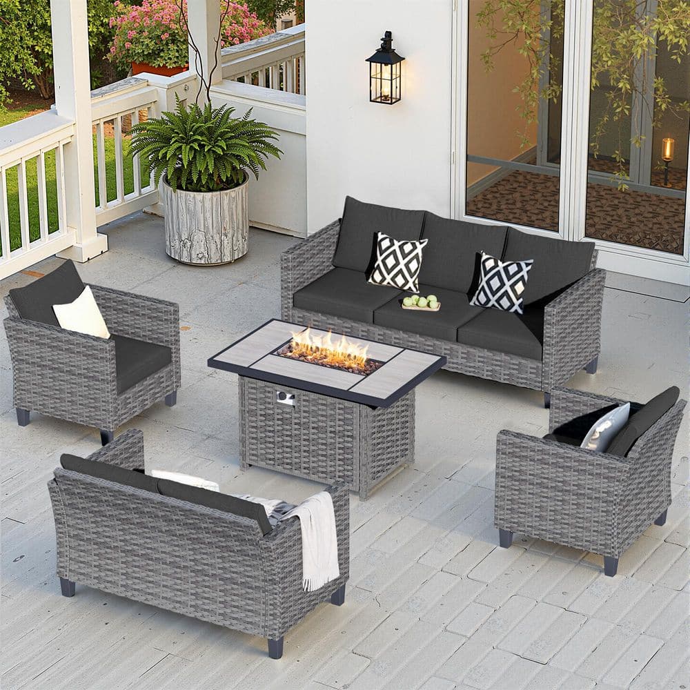 New Star Gray 5-Piece Wicker Patio Rectangle Fire Pit Conversation Seating Set with Black Cushions price history on PriceWatchPro