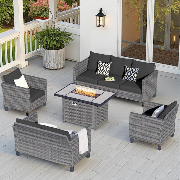 OVIOS New Star Gray 5-Piece Wicker Patio Rectangle Fire Pit Conversation Seating Set with Black Cushions