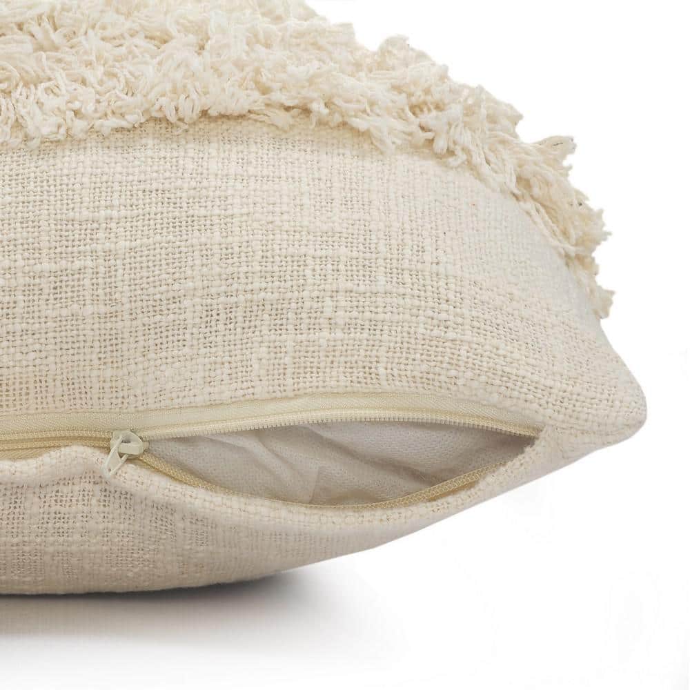 Cream Fringed Rectangular Lumbar Throw Pillow