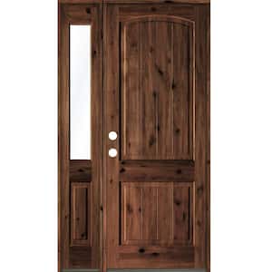 44 in. x 96 in. Rustic Knotty Alder Right-Hand/Inswing Clear Glass Red Mahogany Stain Wood Prehung Front Door w/Sidelite