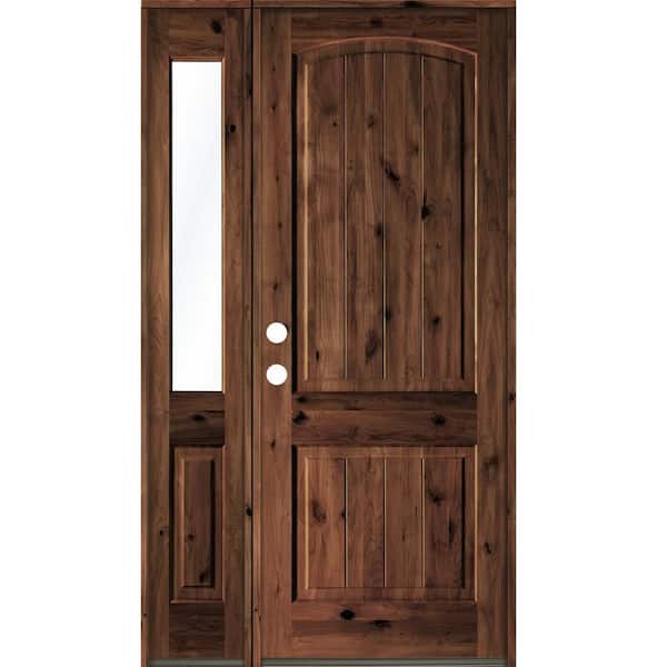 Krosswood Doors 46 in. x 96 in. Rustic knotty alder Right-Hand/Inswing Clear Glass Red Mahogany Stain Wood Prehung Front Door w/Sidelite