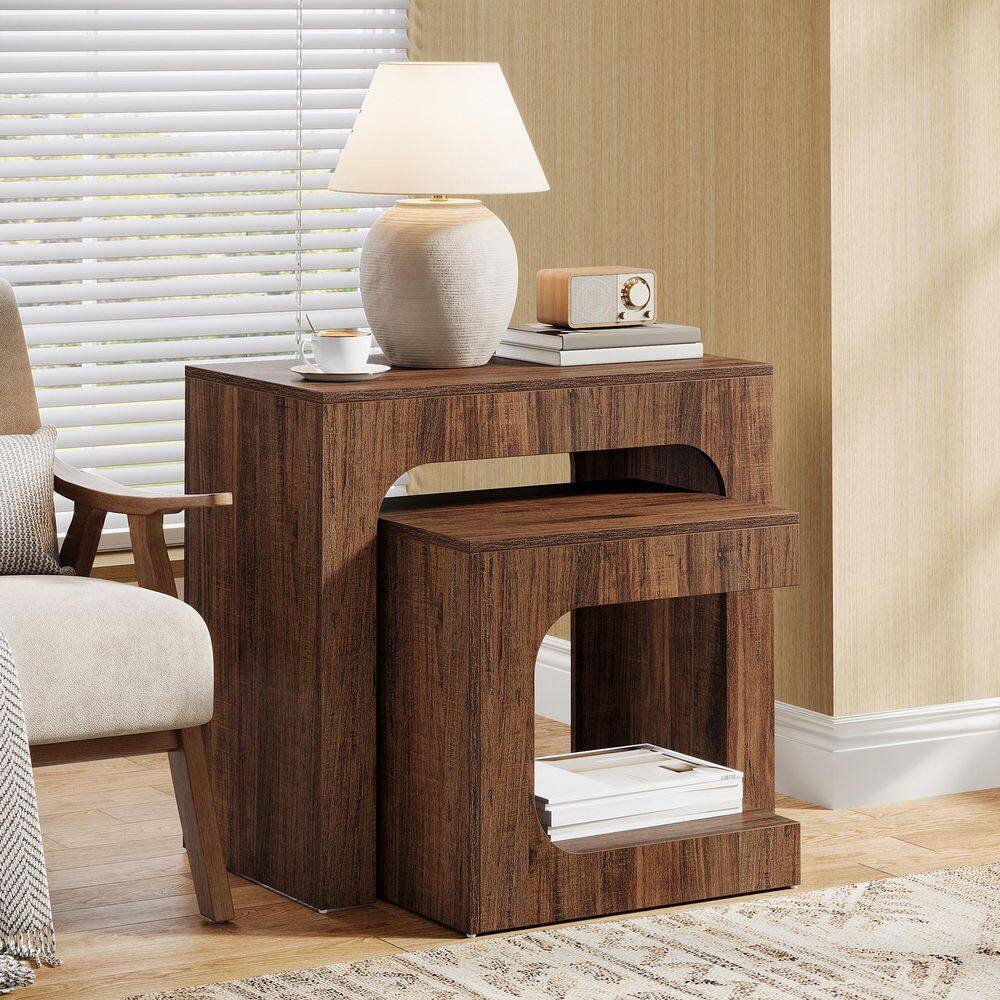 Andrea 27.6 in. Rustic Brown Rectangle Wood Nesting End Table, 2-Piece Side Table Small Coffee Table for Living Room - thumbnail 2