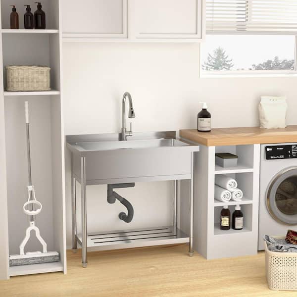 36 in. Freestanding Stainless Steel Commercial Kitchen Sink with Pull-Out Faucet