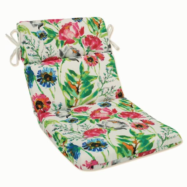 Pillow Perfect Bright Floral 21 in. W x 3 in. H Deep Seat, 1-Piece Chair Cushion with Round Corners in Pink/Blue Flower Mania