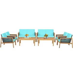 8-Piece Acacia Wood Patio ConversationSet Outdoor PE Rattan Furniture Set with Turquoise Cushions