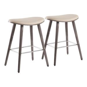 Saddle 25 in. Grey Counter Stool in Cream Faux Leather with Chrome Metal (Set of 2)