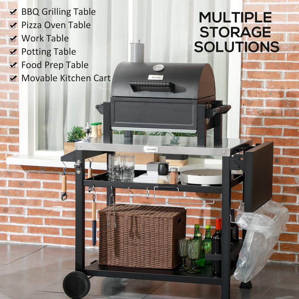 Stainless Steel Outdoor Grill Cart with Folding Side Table and Wheels