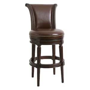 Chapman 45in. Distressed Walnut High Back Wood 30in. Bar-Height Swivel Bar Stool with Faux Leather Brown Seat, One Stool