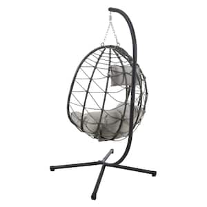 Freestanding 38.6 in. 1-Person Black Wicker Patio Swing Egg Chair with Stand Light Grey Cushion