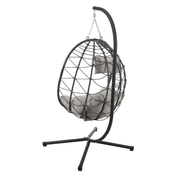 Runesay Freestanding 38.6 in. 1-Person Black Wicker Patio Swing Egg Chair with Stand Light Grey Cushion