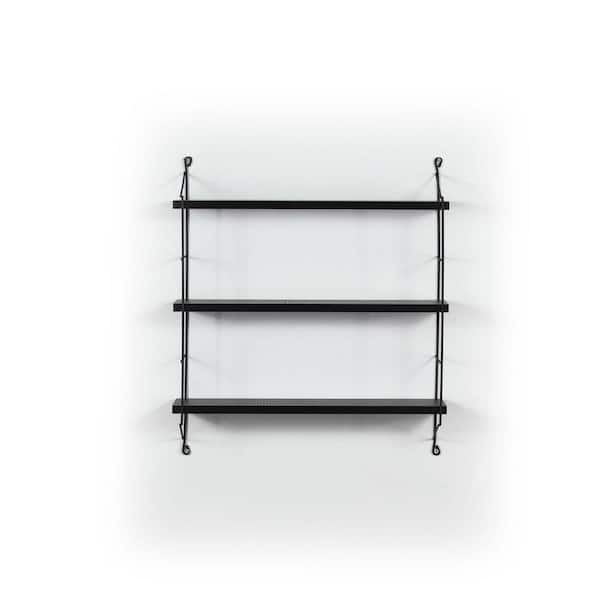Unbranded 6 in. x 24 in. 3-Tier Solid Wood and Metal Bracket Wall Shelf Rustic, Wall Shelf, Black Corner Moulding
