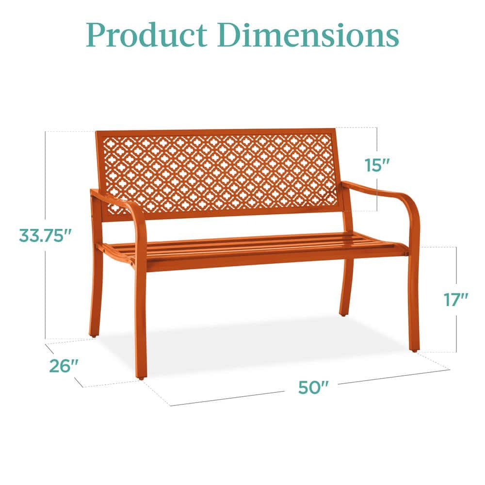 Carrot Orange Steel Geometric Pattern Outdoor Bench with Arms