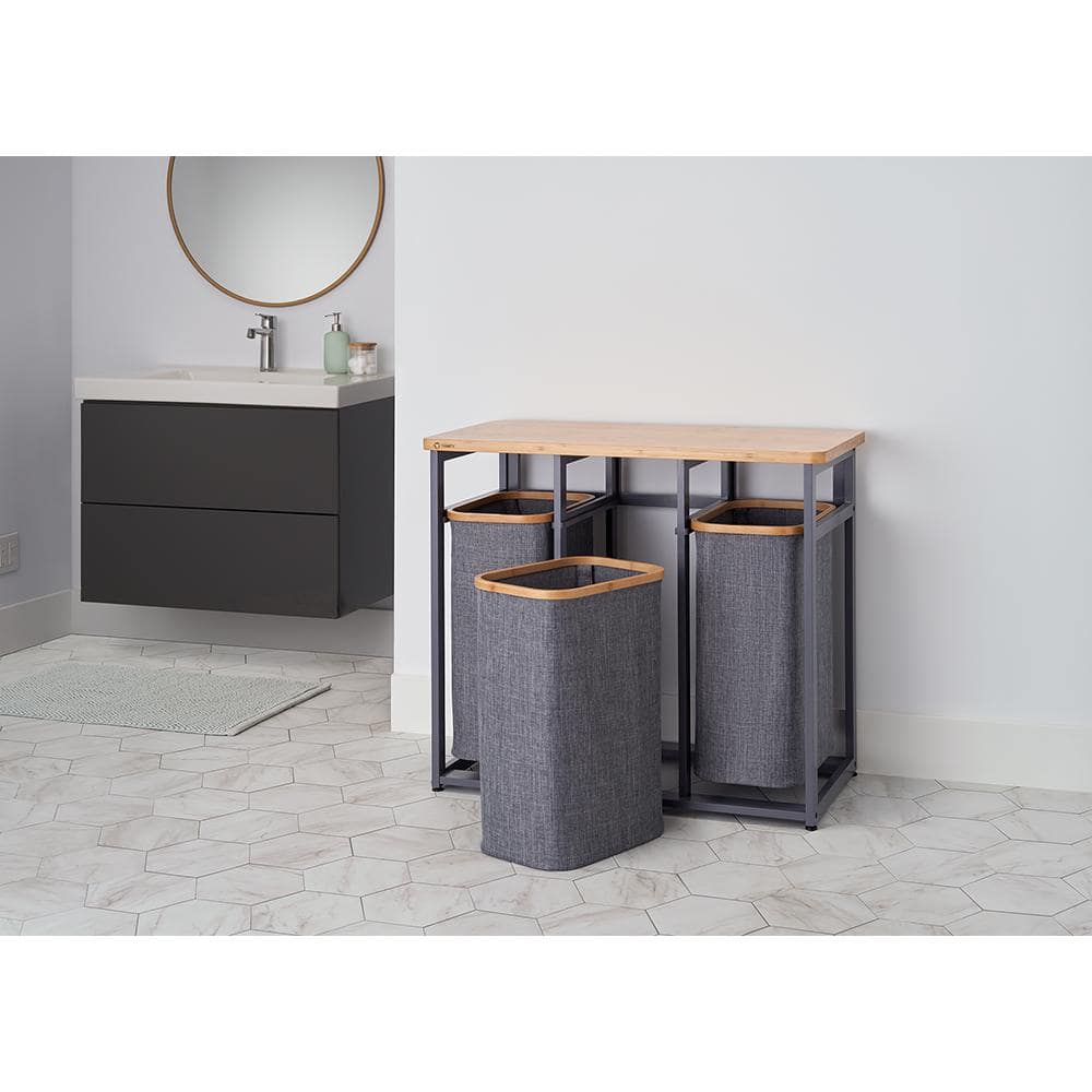 Dark Gray Bamboo Frame Collapsible Laundry Sorter