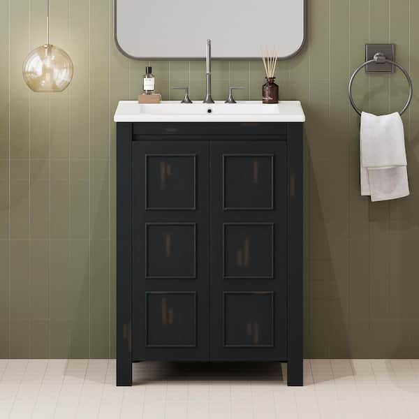 24 in. Single Sink Freestanding Black Bath Vanity with White Ceramic Top, Adjustable Shelf