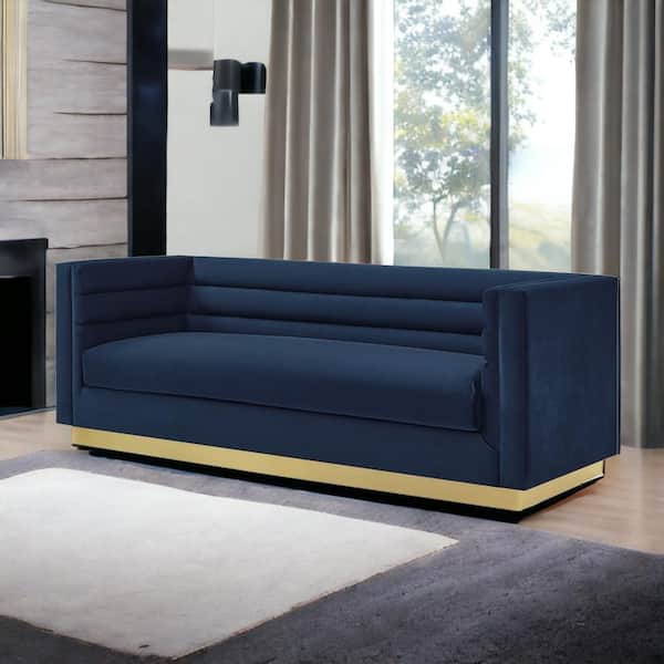 HomeRoots Amelia 84 in. Square Arm Velvet Rectangle Sofa in Navy Blue