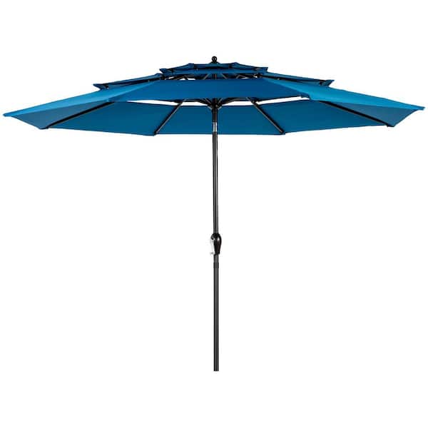 9.64 ft. Steel Market Outdoor Patio Umbrella with 8-Ribs, 3-Tier Auto-Tilt Umbrella, (Base Not Included) in Dark Blue