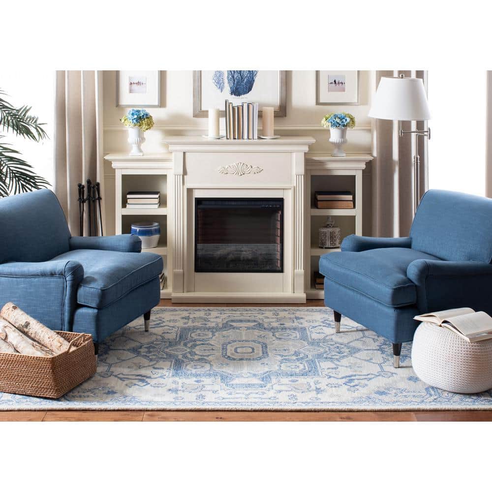 Handmade Ivory and Blue Wool Square Area Rug, 8' x 10'