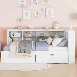 White Wood Frame Full Size Daybed with 2-Spacious Drawers, Storage Shelf, USB Ports and Sockets