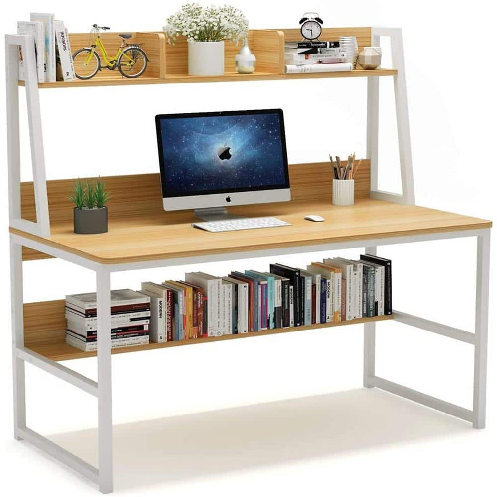 Tangkula White Corner Desk with Hutch, 90 Degrees Triangle Computer Desk  with Keyboard Tray & Bookshelves for Small Space, Space Saving Writing Desk